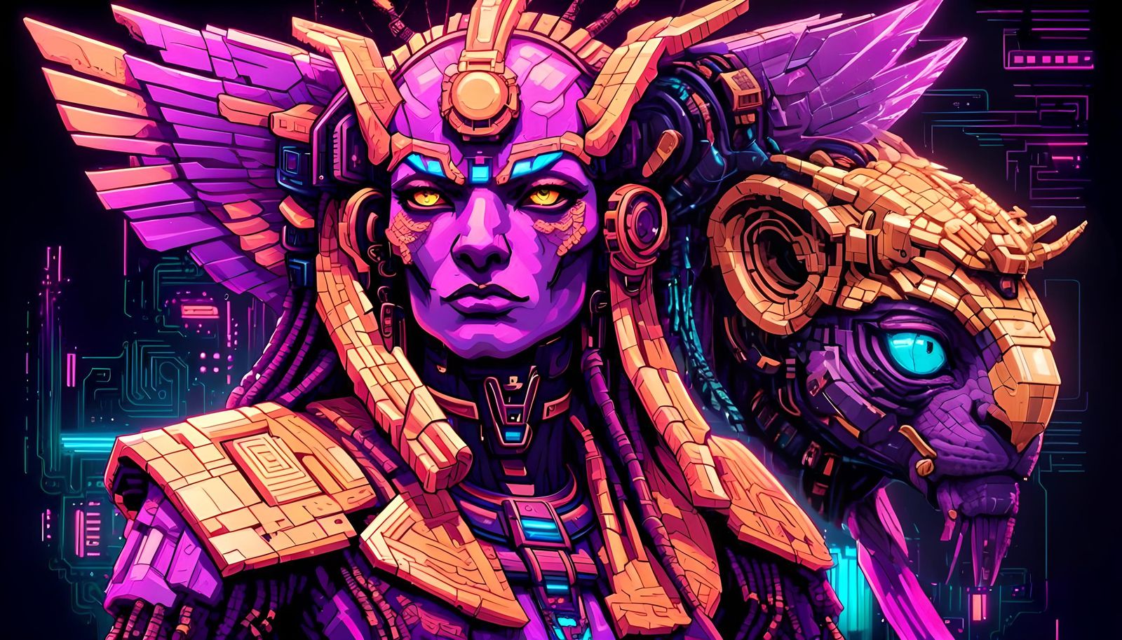 Cyberpunk Sphinx in Pixelated Neon Synthwave Style