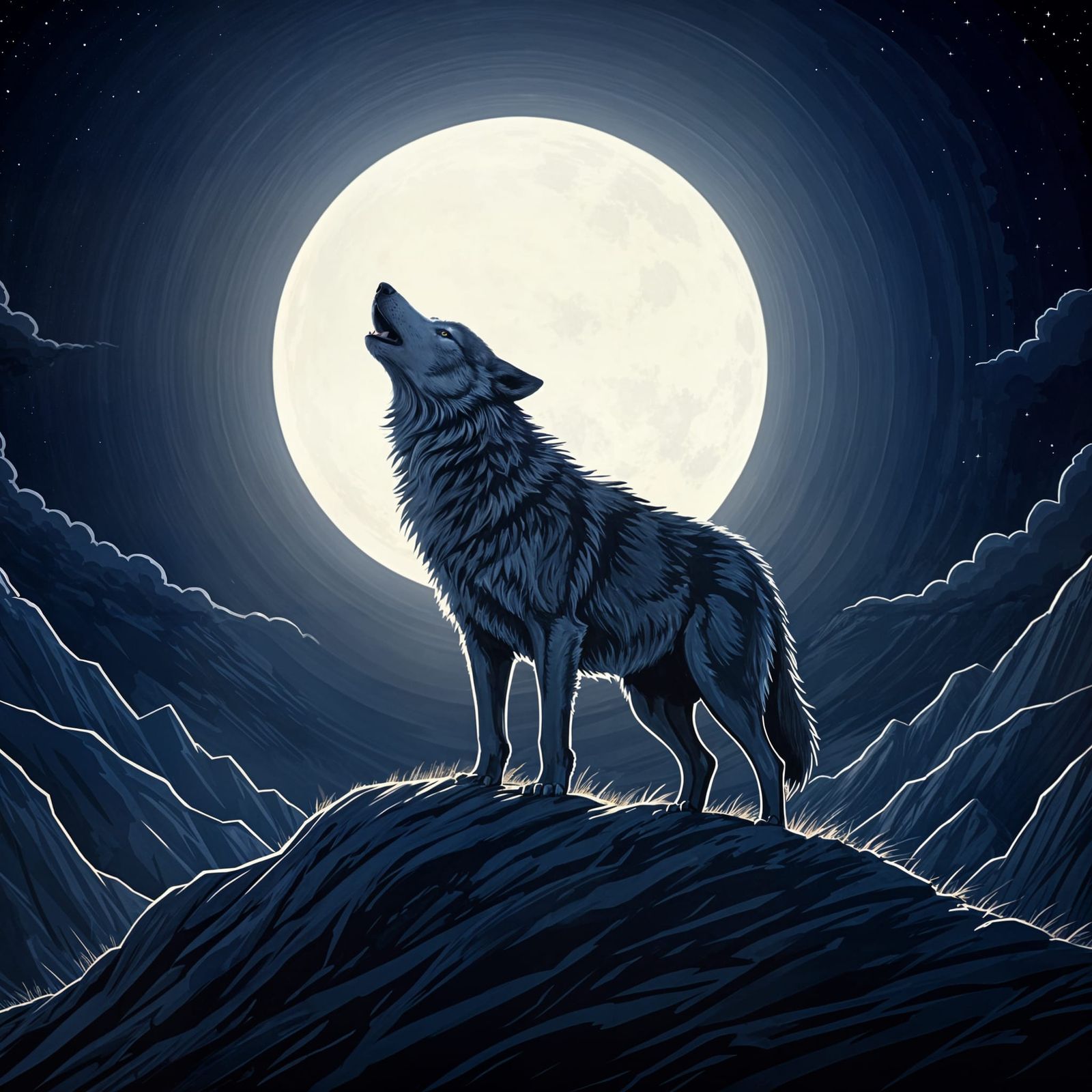 Wolf Howling at the Moon Silhouette