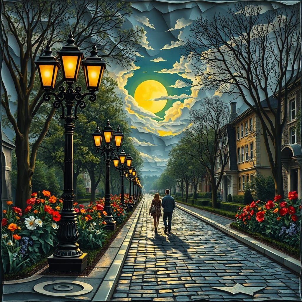 Streetlamps in Art Nouveau Style Relief Painting