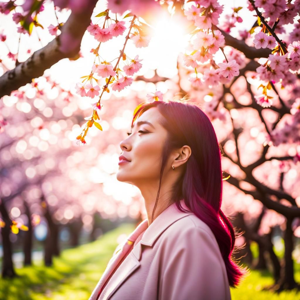 Japanese Woman Gazing at Cherry Blossoms with Lens Flare
