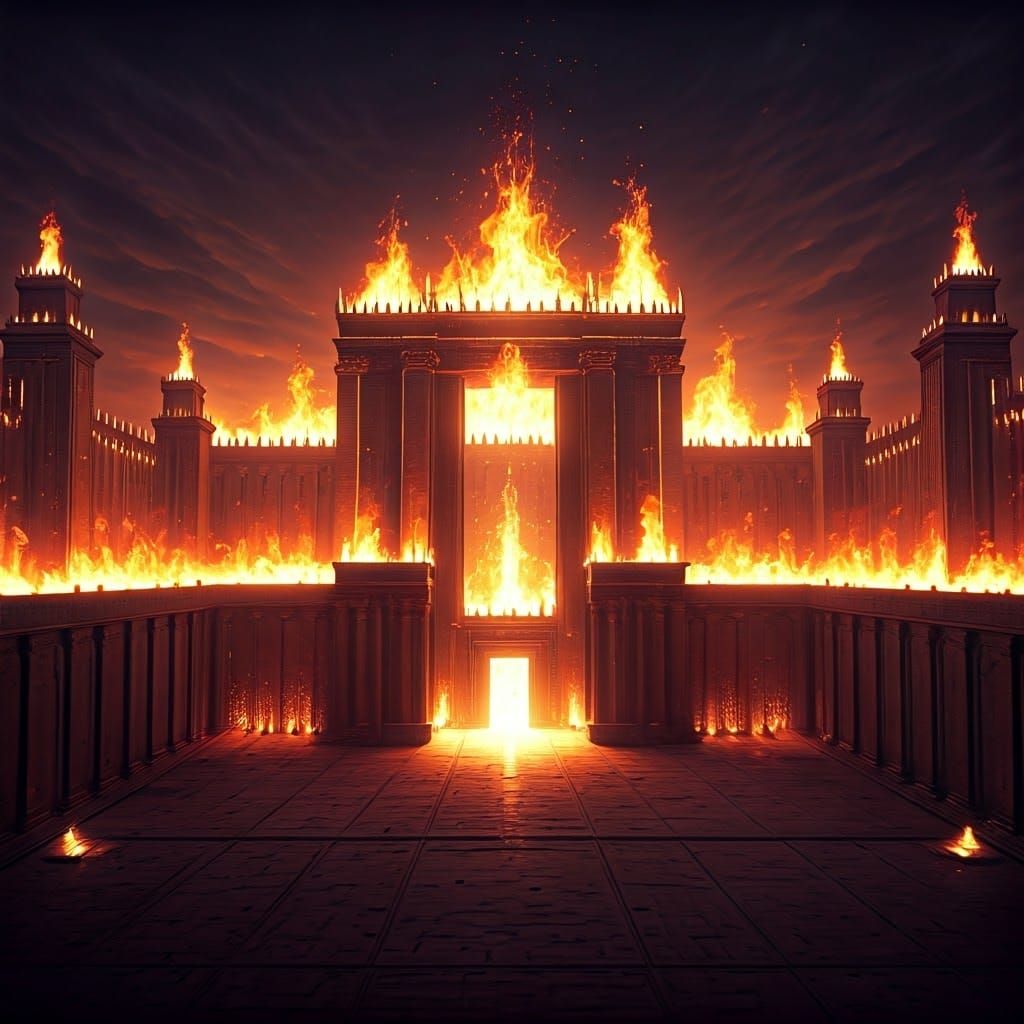 Majestic Temple of Dancing Flames in Vibrant Orange, Red, an...