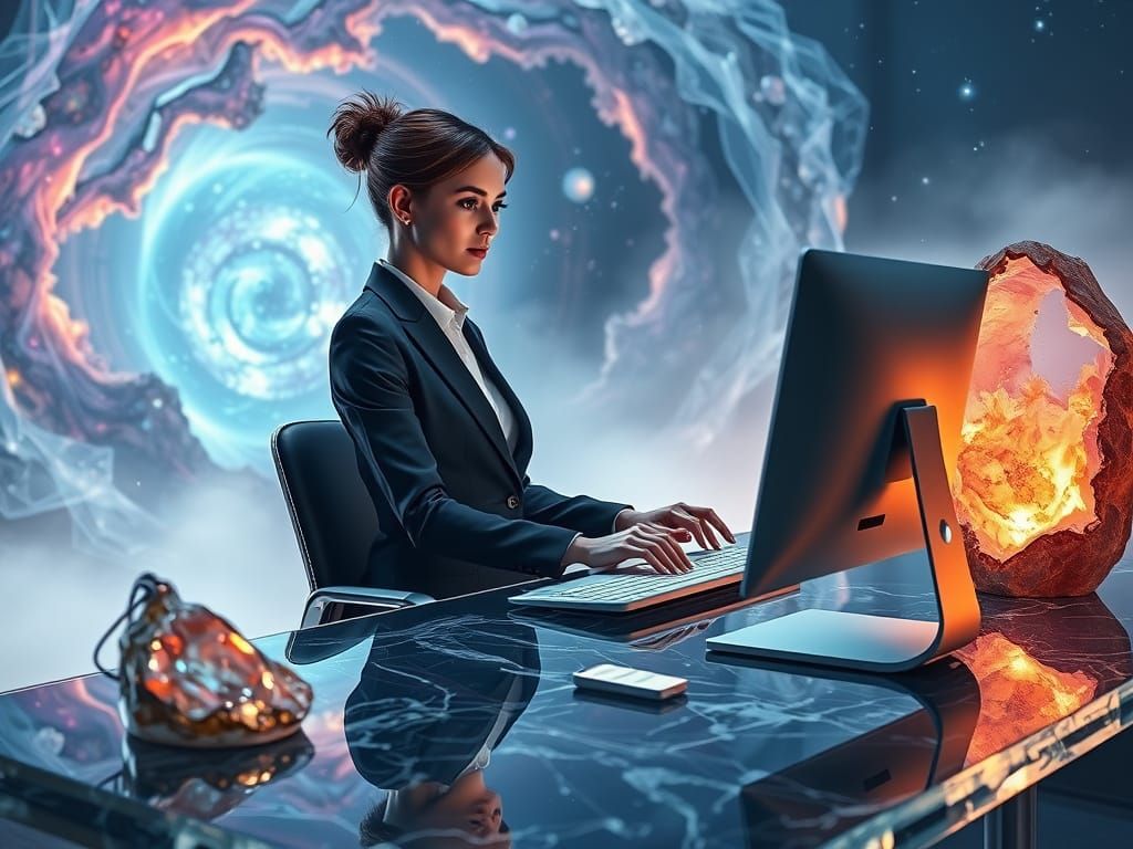 Woman in Futuristic Crystalpunk Office Amidst Swirling Nebul...