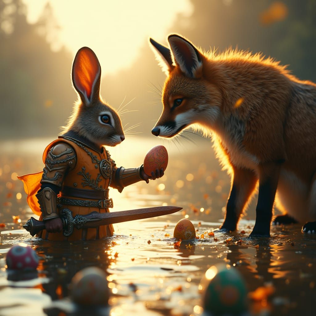 Majestic Rabbit Confronts Foxy Foe in Serene Lake Scene