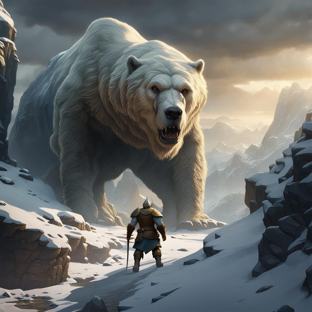 Viking Escape from Armored Bear: Dark Fantasy Art