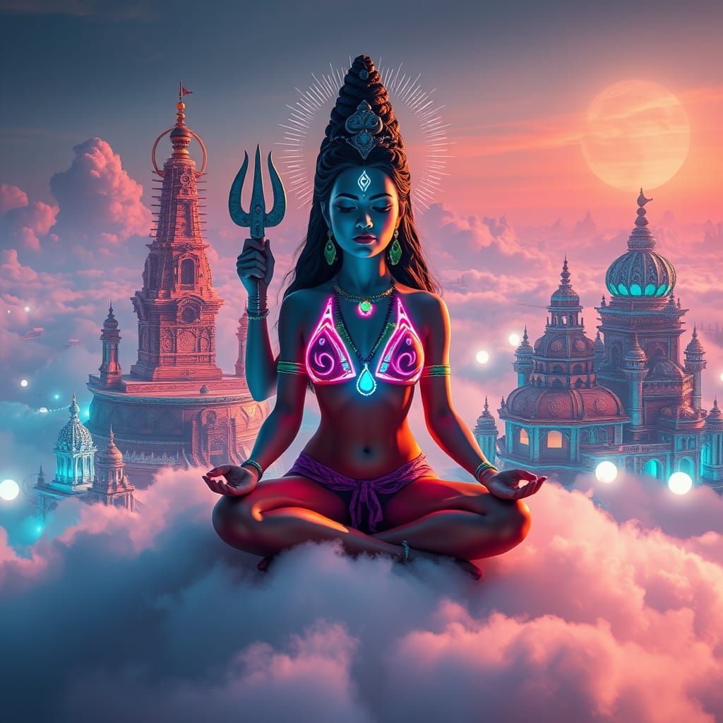 Futuristic Indian Woman Meditates with Shiva in Sky City