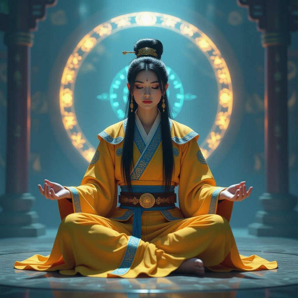 Meditating Techno-Wizard in Futuristic Temple, Syd Mead Styl...