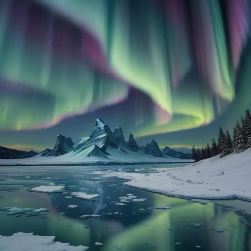 Surreal Aurora Borealis Over Frozen Lake