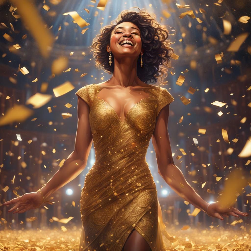 Emotional Portrait of Woman on Stage with Confetti