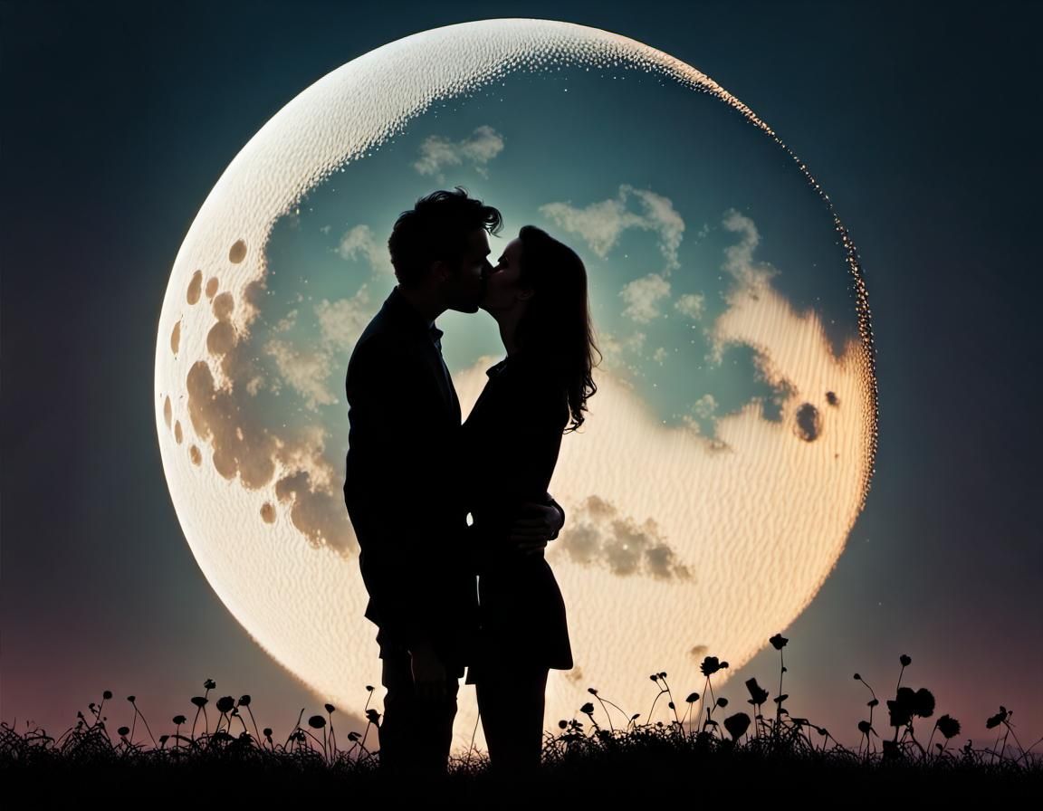 Silhouette Kiss Under Giant Moon