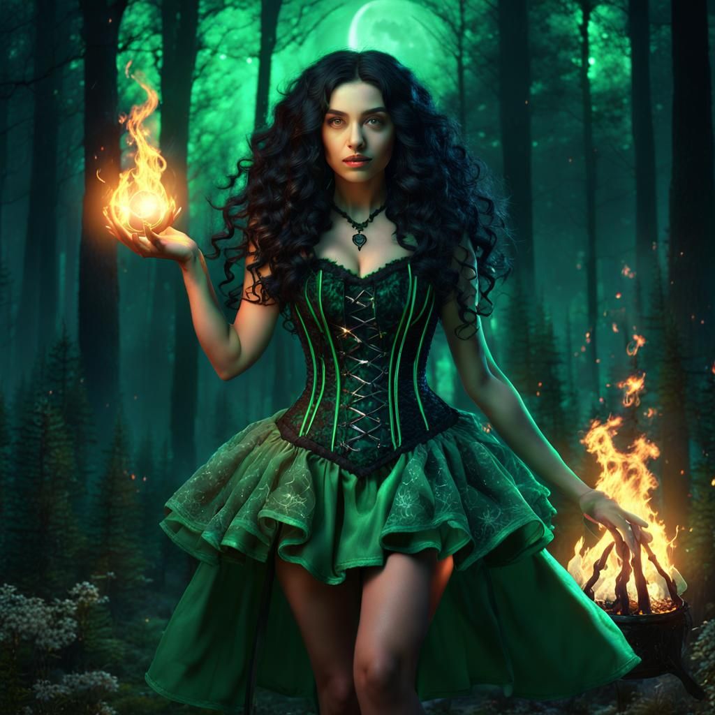 Sorceress Witch Casting Spells in Forest at Midnight