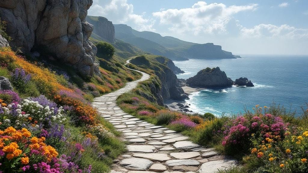 Hyperrealistic Coastal Path with Colorful Flowers