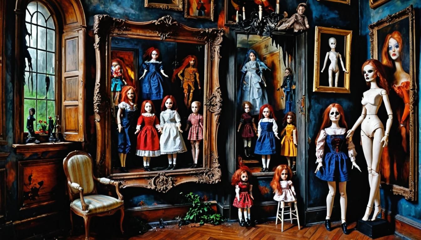 Wall to Wall Dolls in Ruined Home as Oil Painting