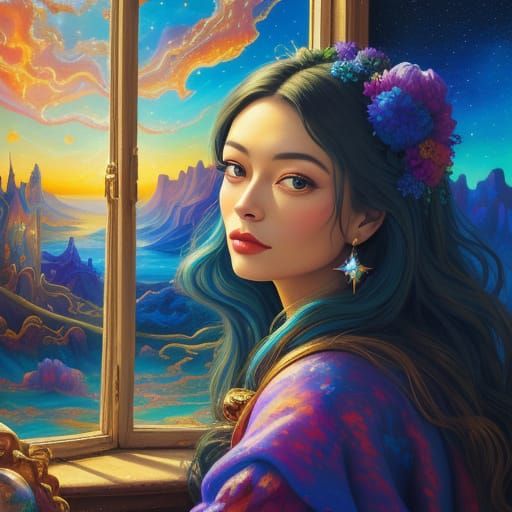 Surreal Woman Gazing into Fantastical Landscape