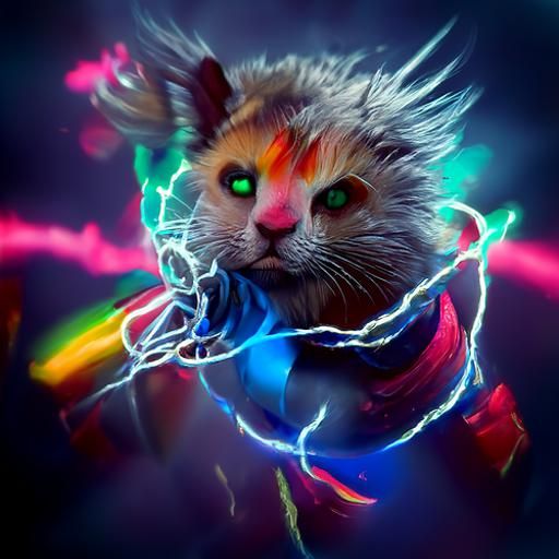 Hyperdetailed Rainbow Cat Superhero with Tesla Coils