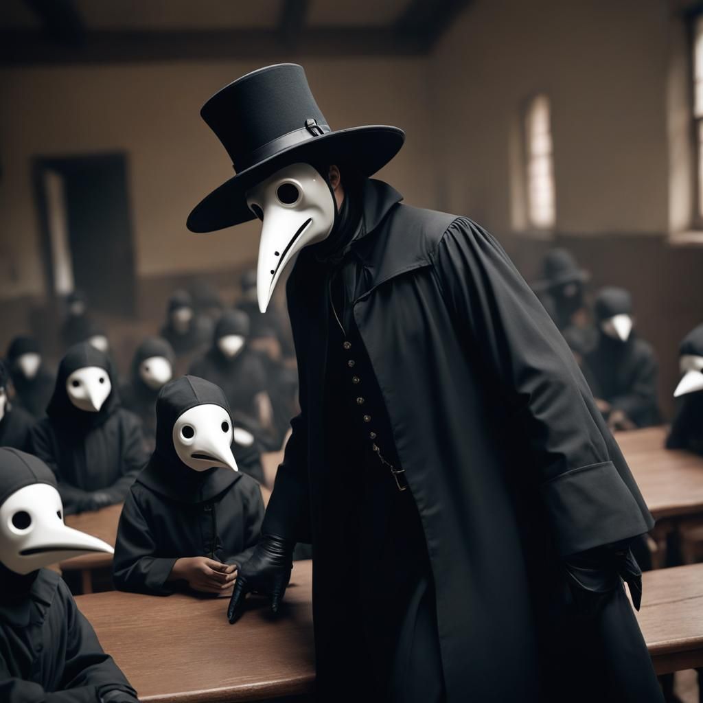 Plague Doctor Cares for Orphans: Blurred Close-Up