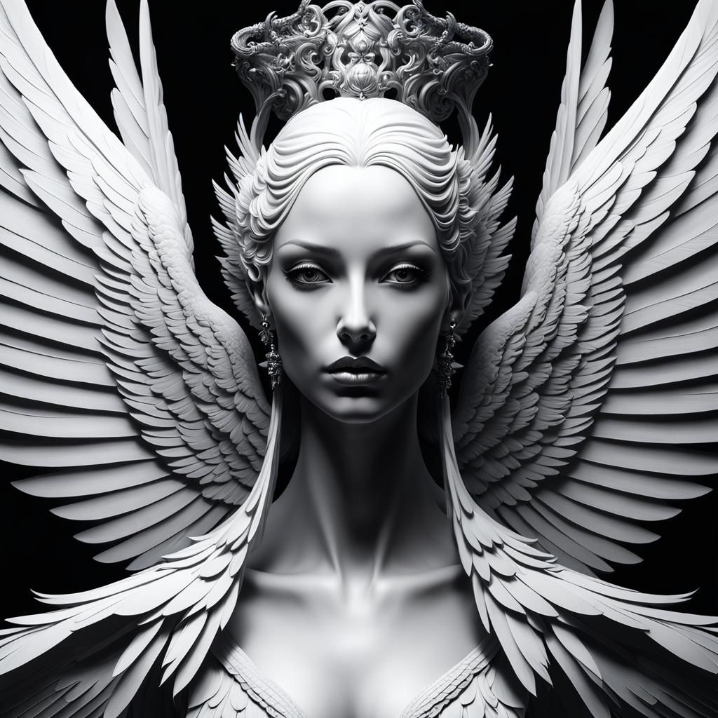 Sinister Multi-Winged Angel in Minimalist Monochrome Art