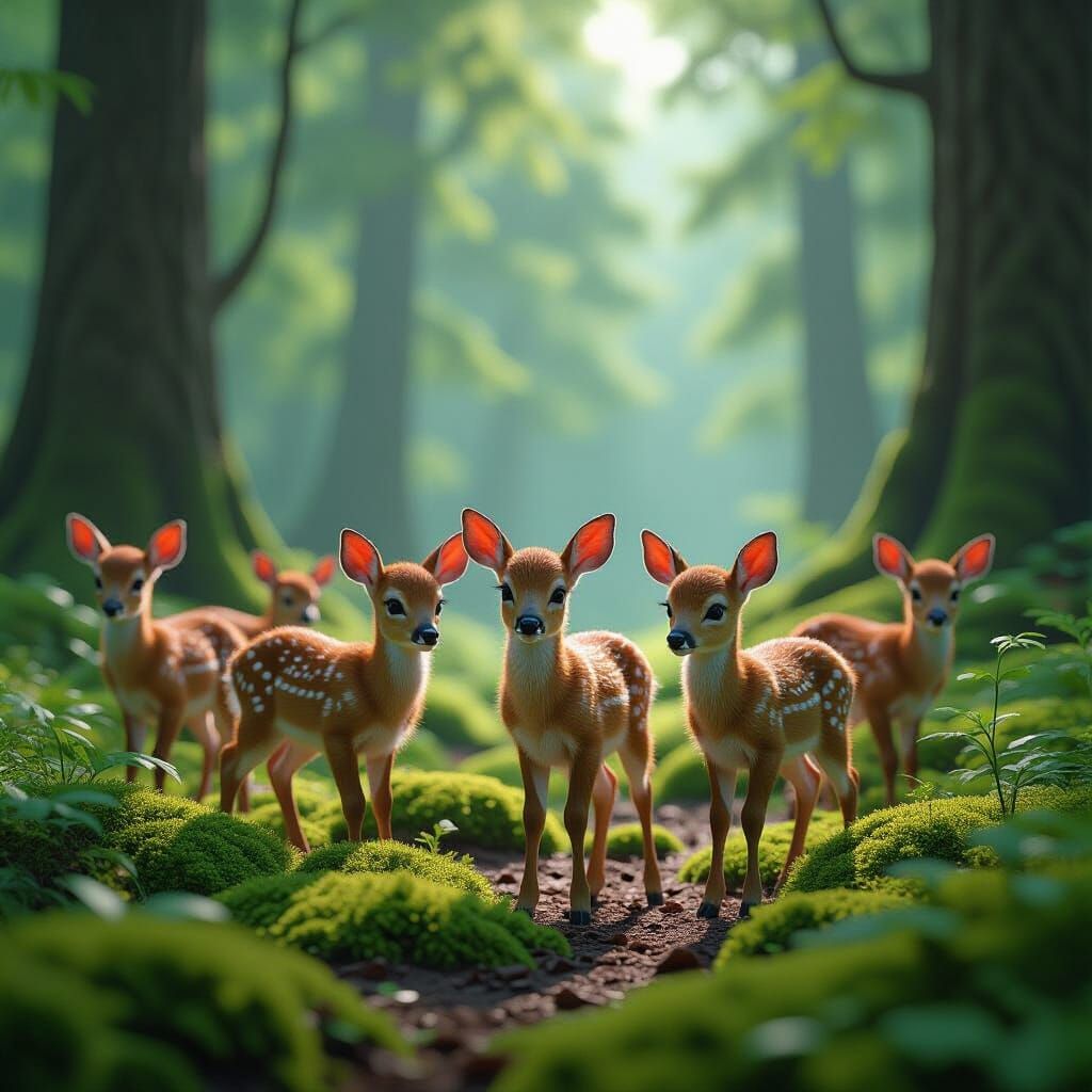 Lush Forest with Fawns, Ground Level View