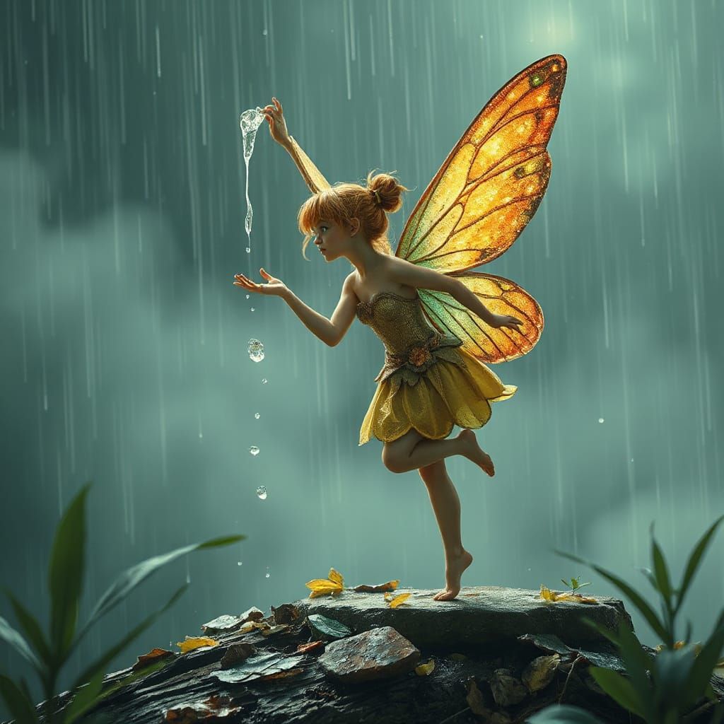Fairy in Turbulent Rainy Weather Scene