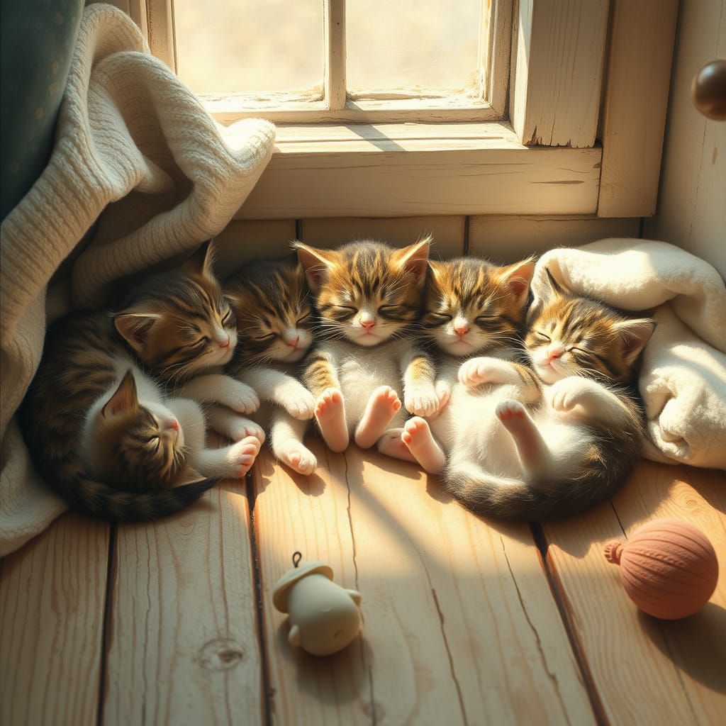 Whimsical Kittens in Dreamy Folk-Art Style