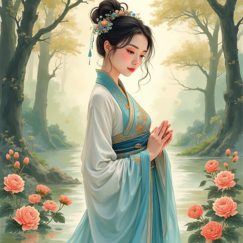Elegant Woman in Asian Garden, Watercolor Style