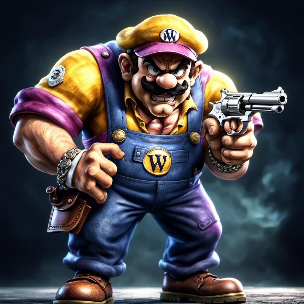 Wario with Revolver: Hyperrealistic, High-Contrast Image