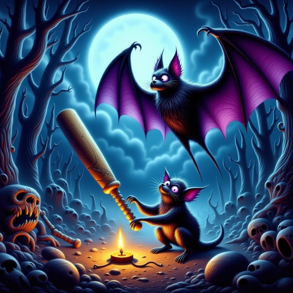 Gothic Vampire Bat Battles Cute Bat in Bone Bat Baseball