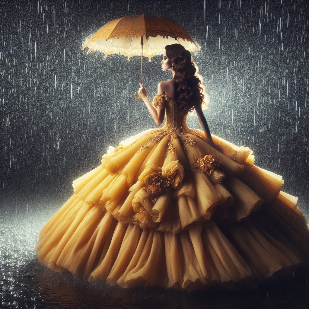 Princess in Yellow Gown Amidst Rainstorm