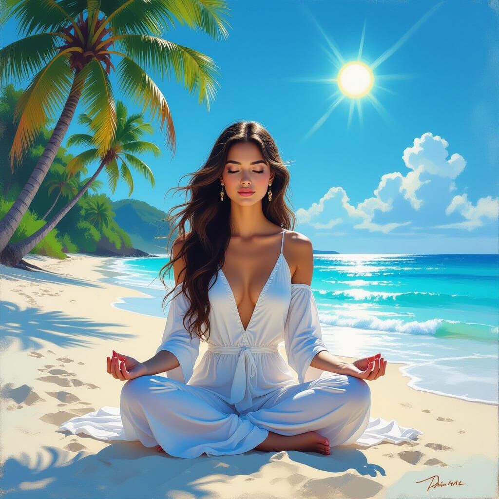 Spiritual Woman Meditating on Beach, Impasto Oil Painting