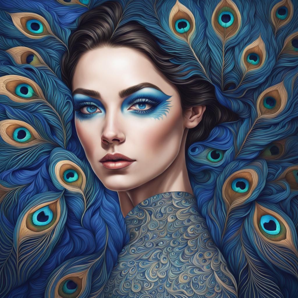 Portrait of Woman with Blue Eyeliner in Detailed Matte Paint...
