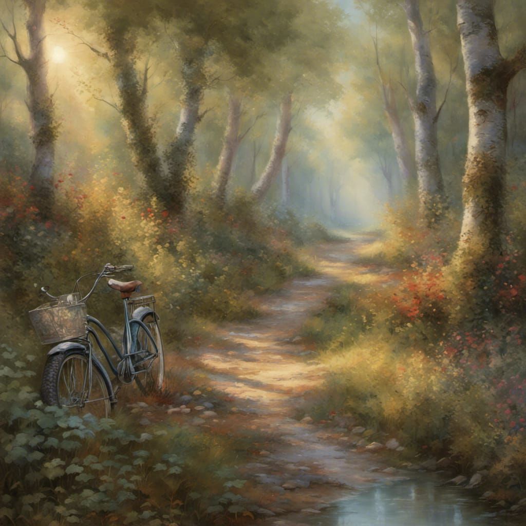 Enchanted Forest Path with Abandoned Bicycle