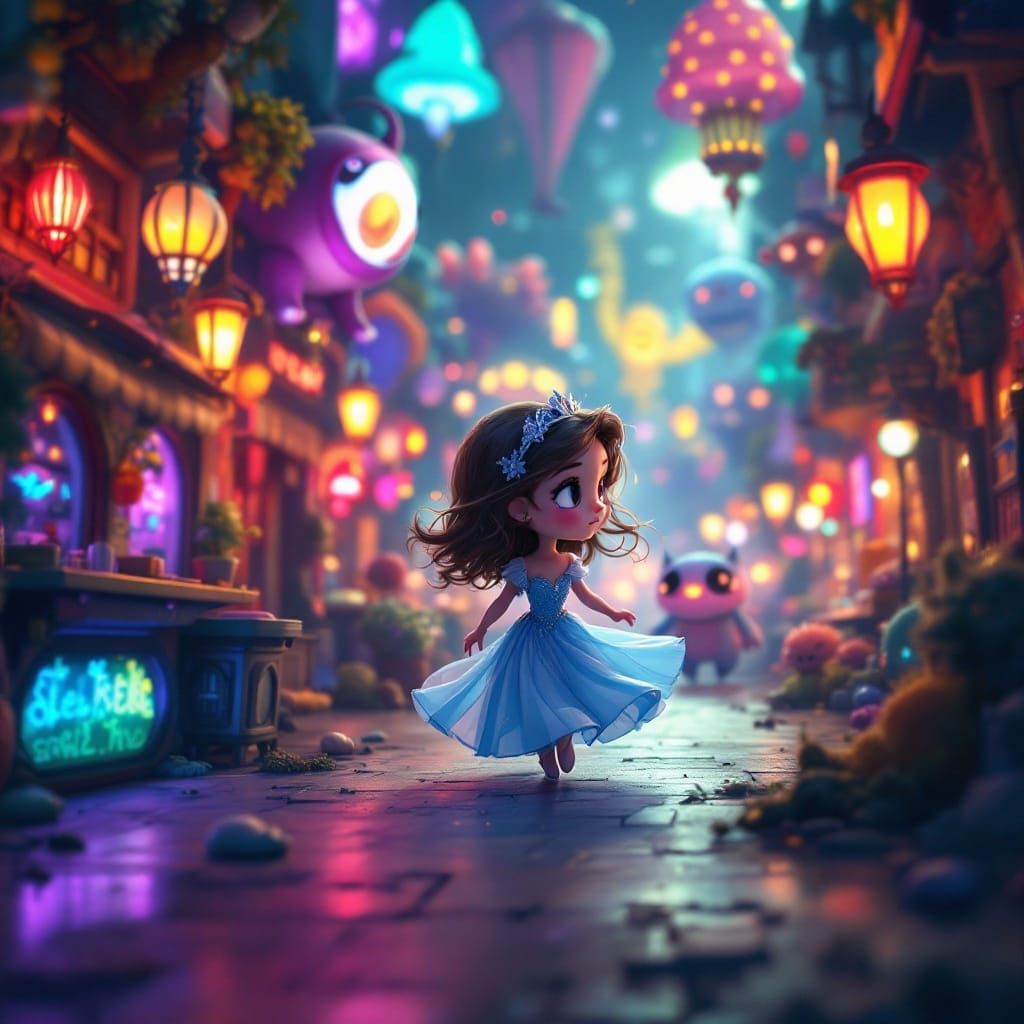 Surrealistic Chibi Disney Princess in Vibrant Alien Spacepor...