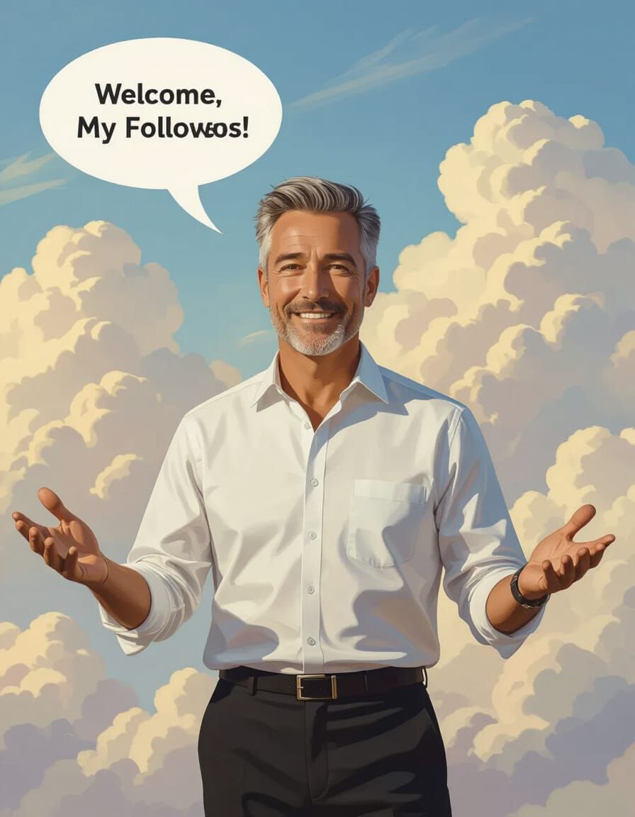 Friendly Man Welcomes Followers in Painterly Style