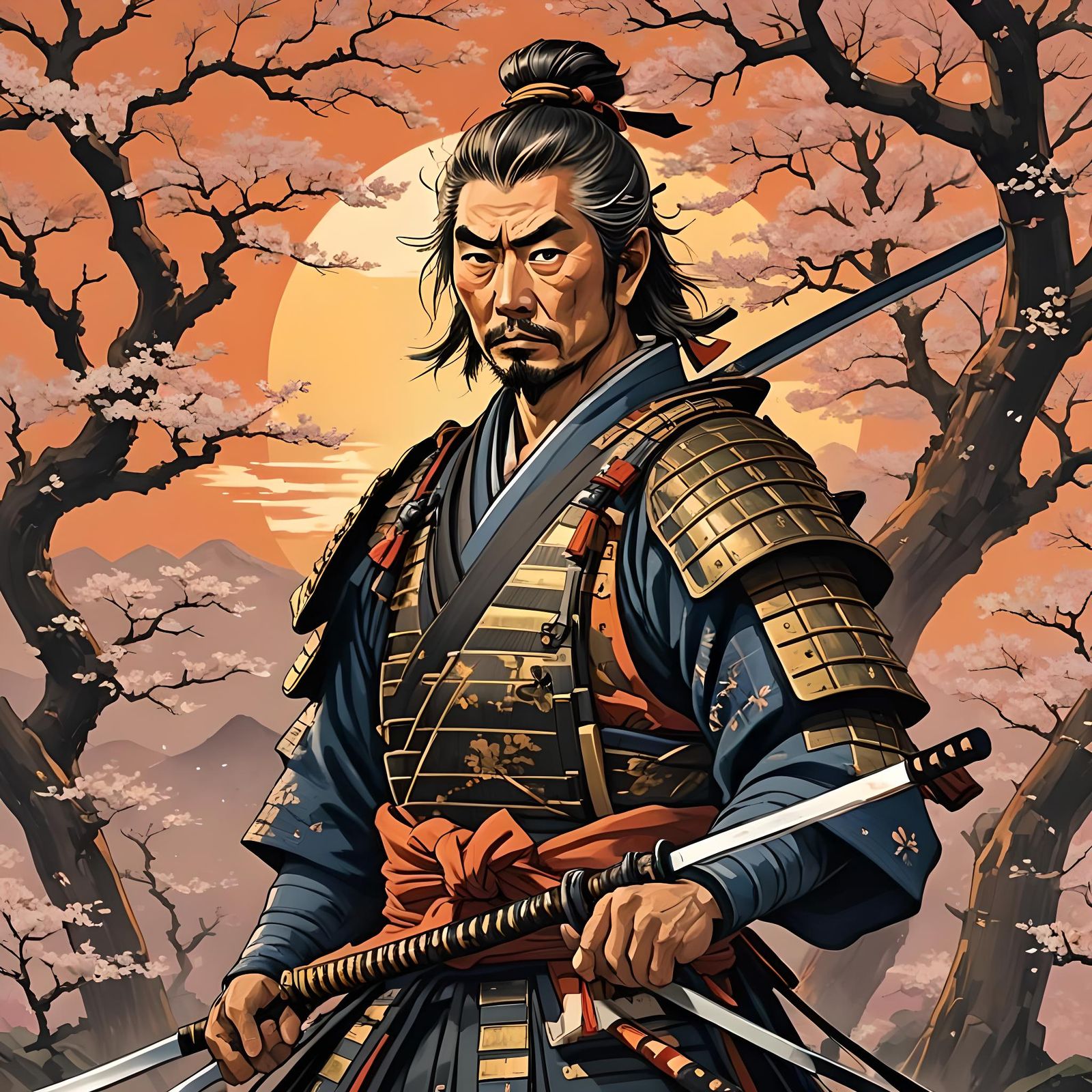 Miyamoto Musashi Portrait with Swords and Cherry Blossoms
