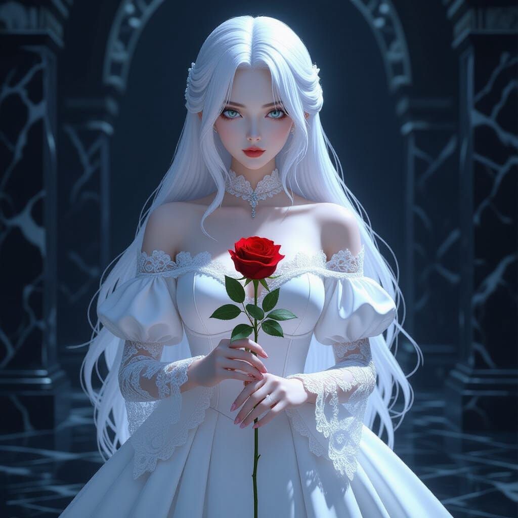 Gothic Woman in White with Red Rose