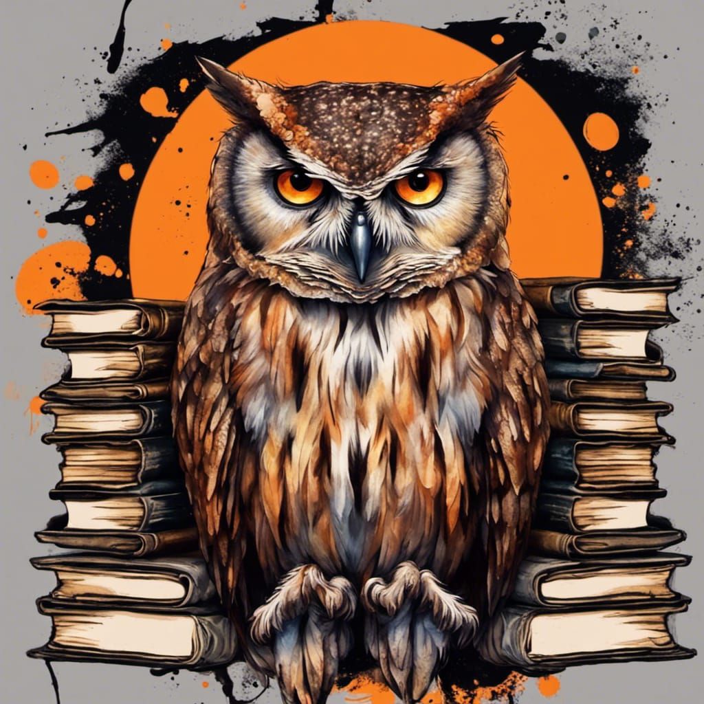 Great Owl with Orange Eyes in Watercolor