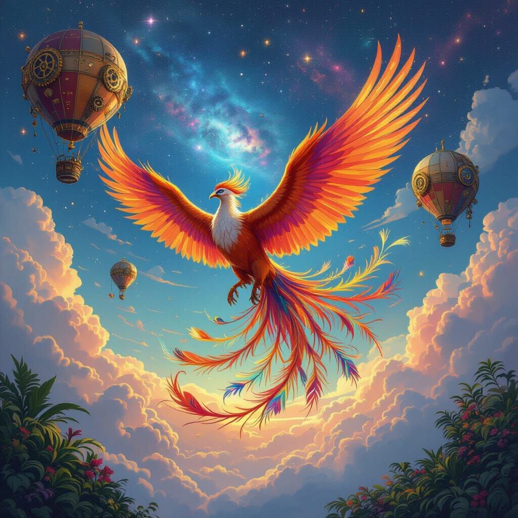 Phoenix in Steampunk Sky, Ghibli-esque Art