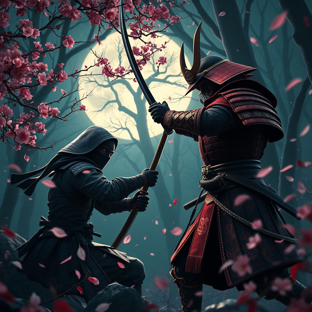 Ninja vs Samurai Duel in Moonlit Forest