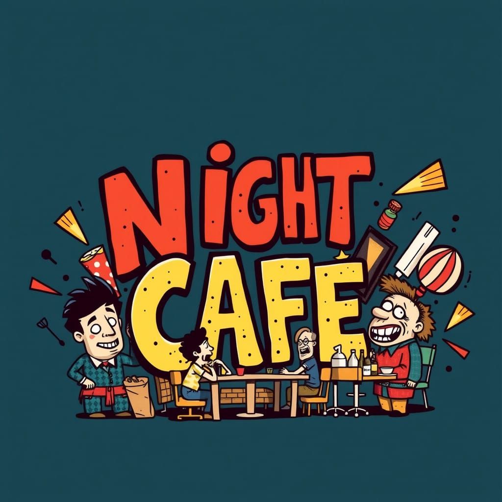 Whimsical Night Café Scene in Hand-Drawn Style