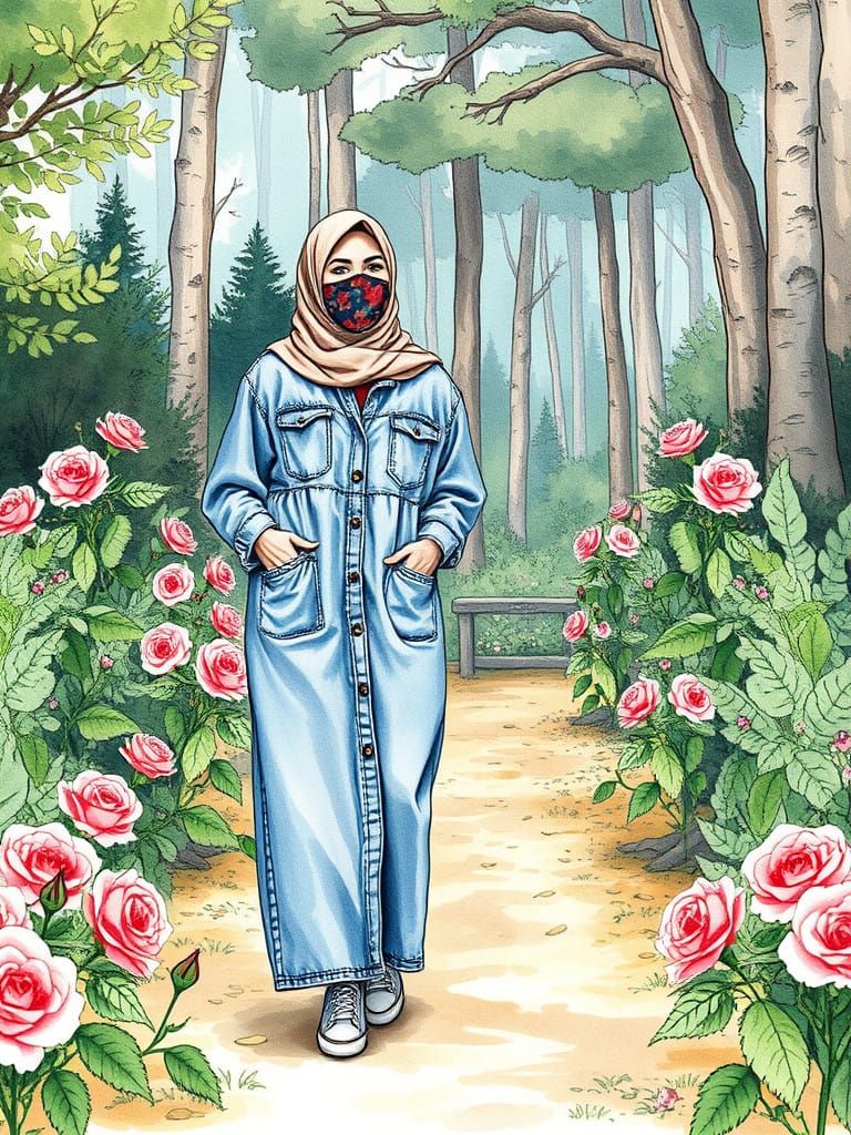 Women in a Whimsical Rose Garden Scene in Watercolor Style