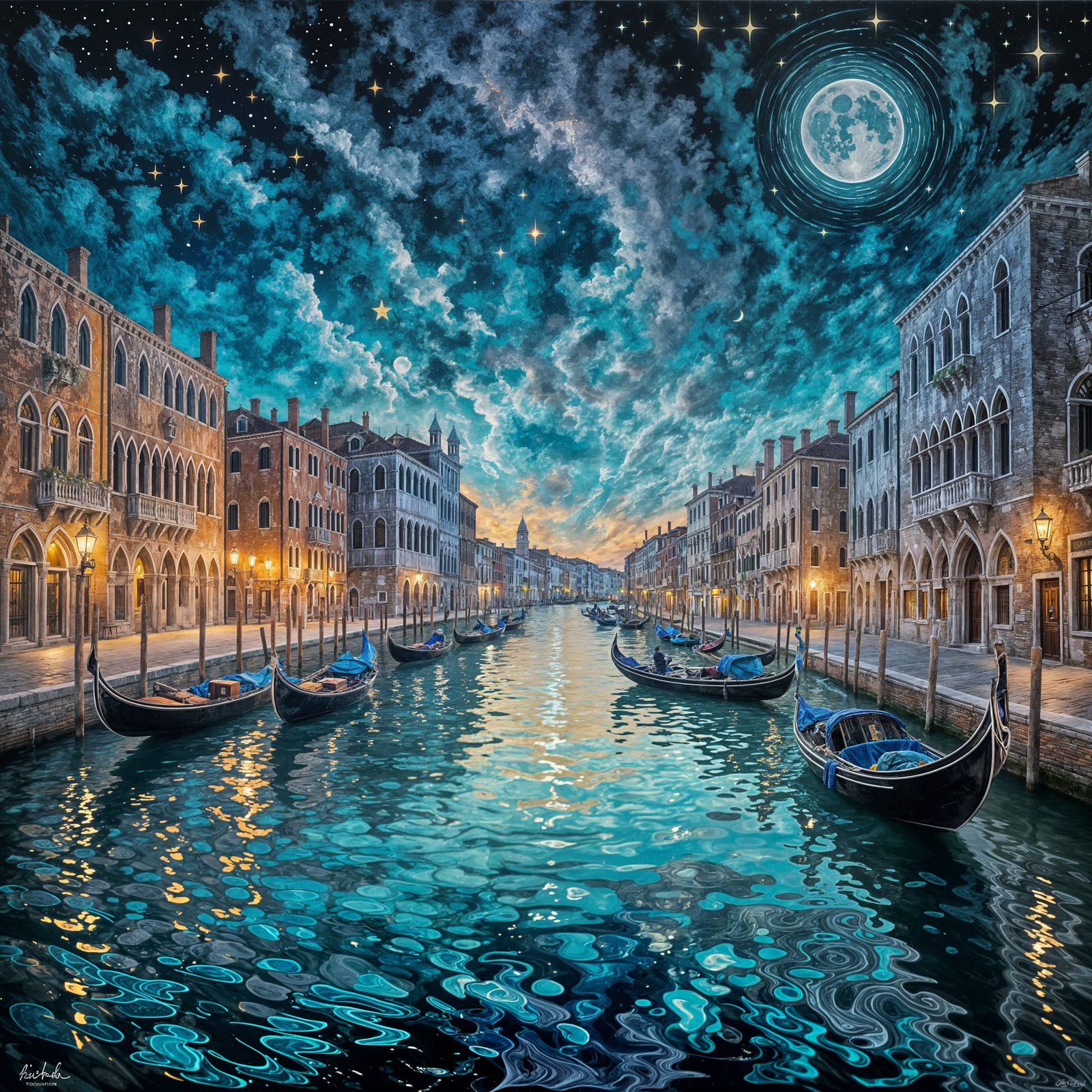 Venice Night Scene with Swirling Starry Sky