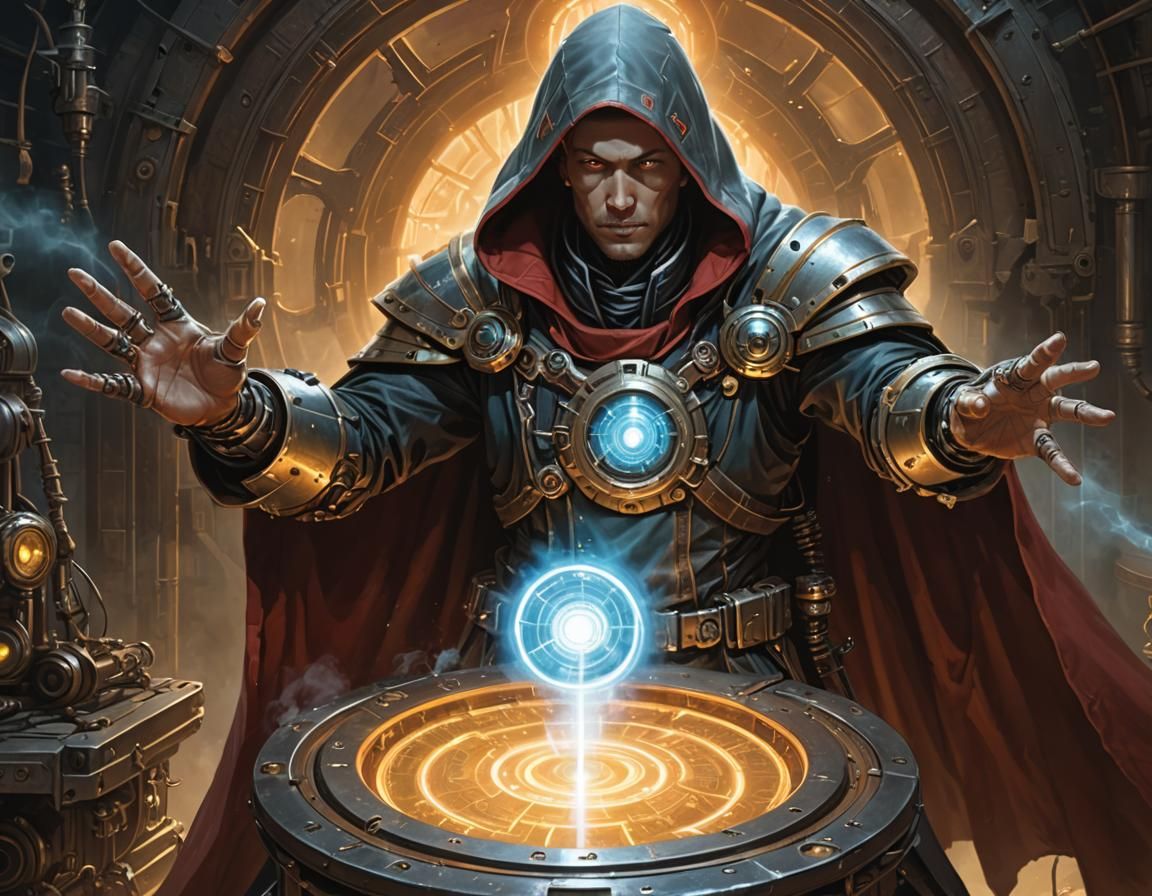 Aetherpunk Cyborg Wizard Opens Energy Portal