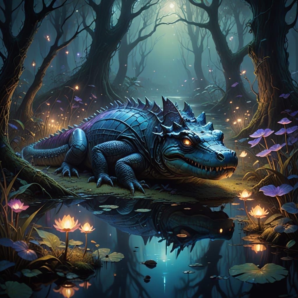 Mystical Swamp Creature with Shimmering Wings and Glowing Sc...