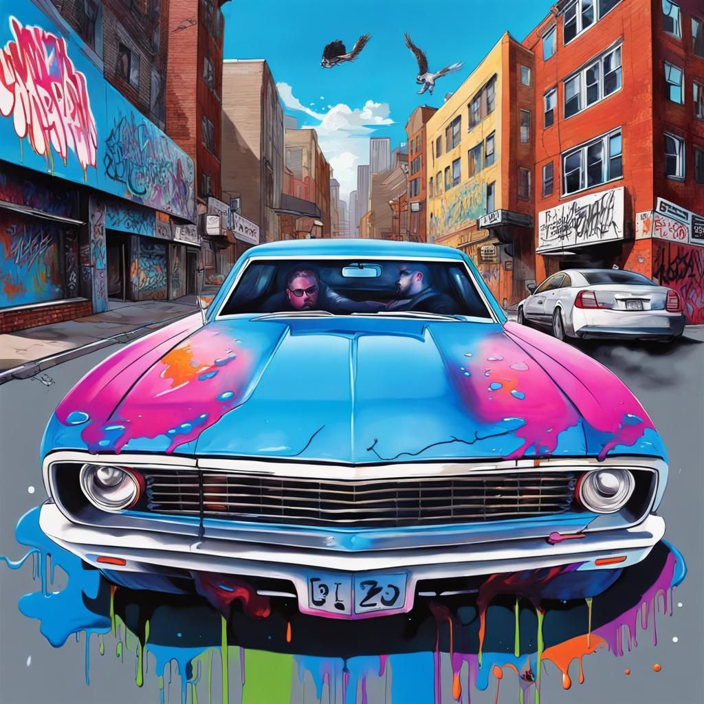 Blue Car Album Cover Art in Graffiti Style