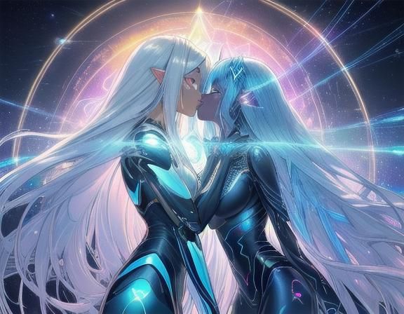 Alien and Human Girls Kissing in Cosmic Universe