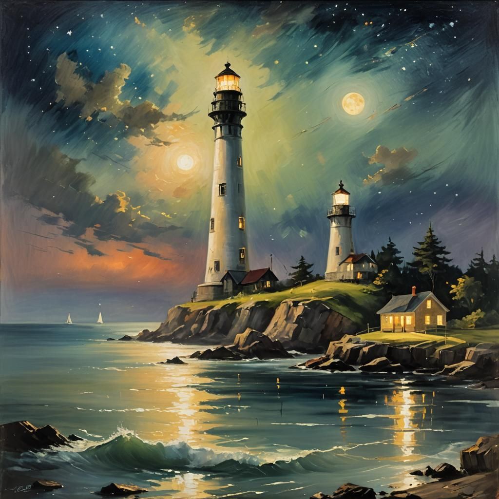 Lighthouse at Night in Impressionist Style