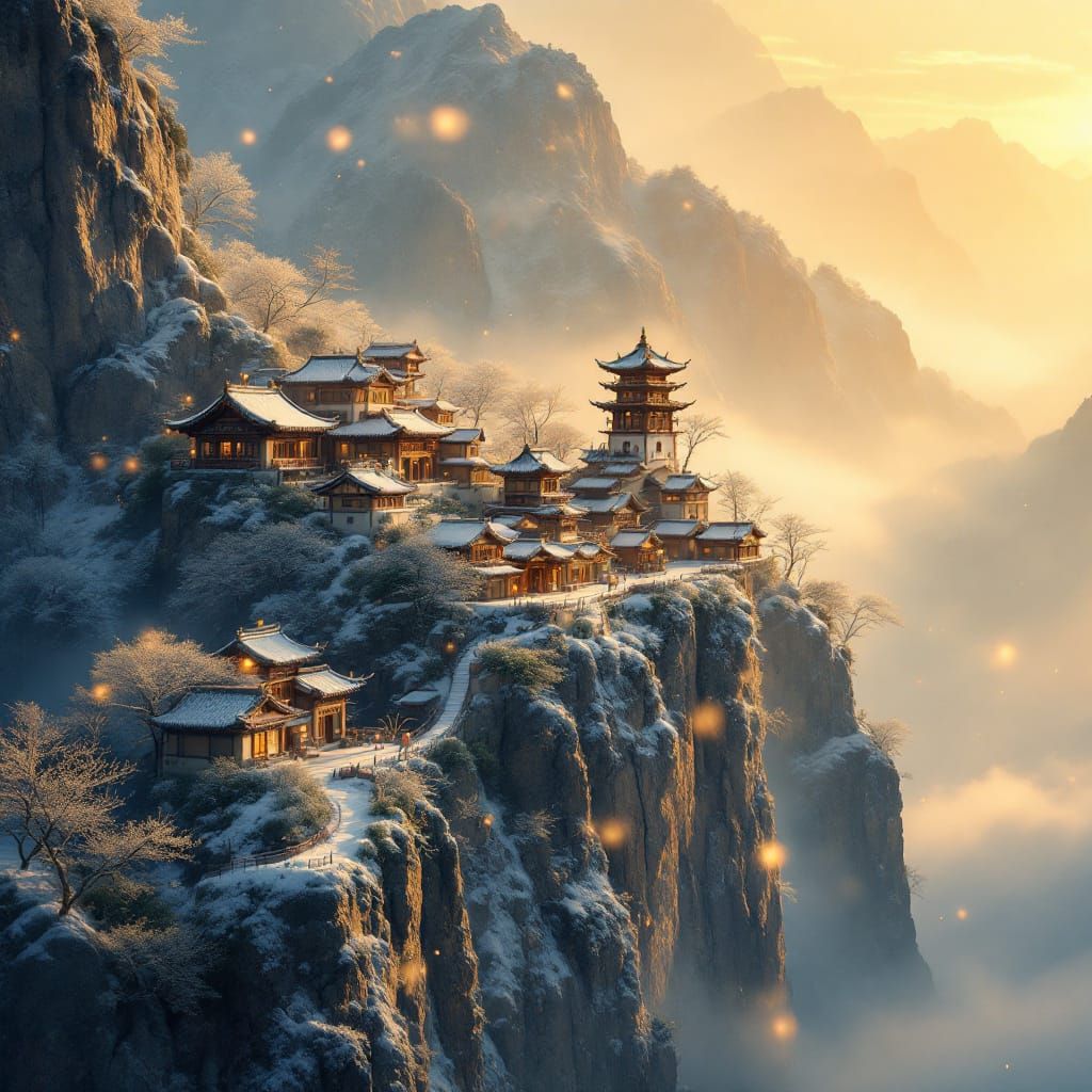 Miniature Chinese Village in Snowy Mountains