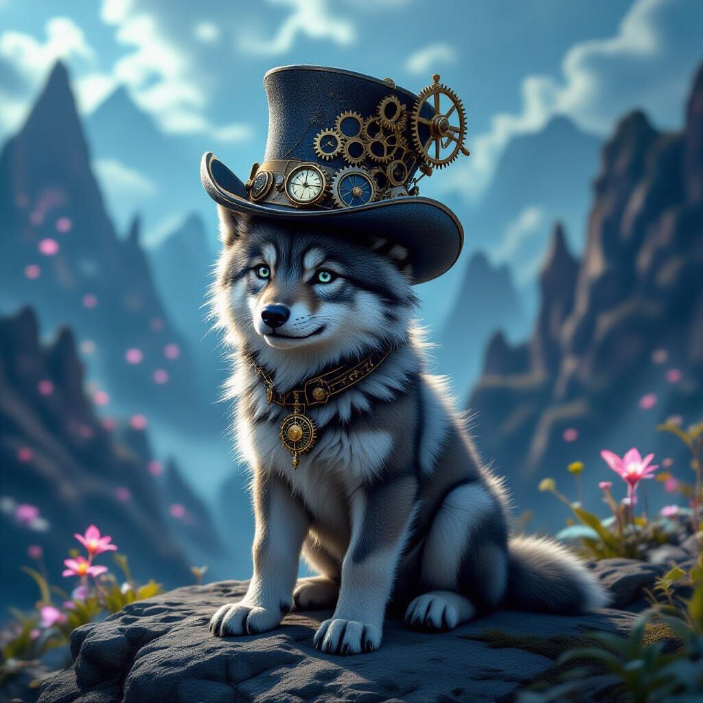 Steampunk Wolf Pup in Alien Landscape