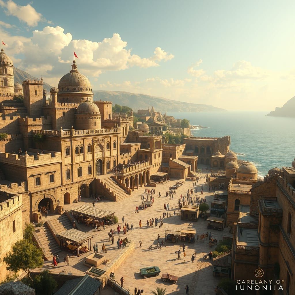 Carthaginian City on Mediterranean Coast in Retro-Futuristic...