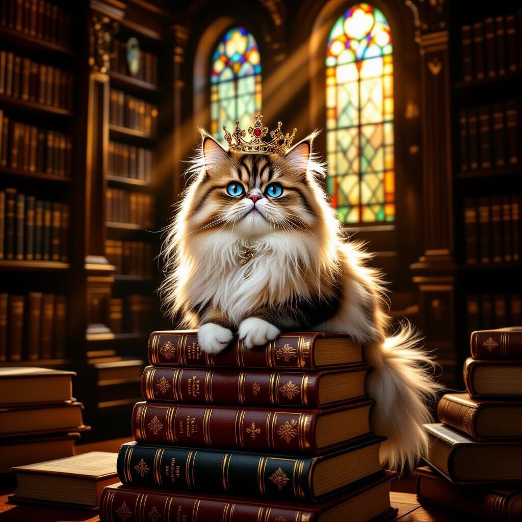 Crowned Persian Cat in Library, Classic Portrait