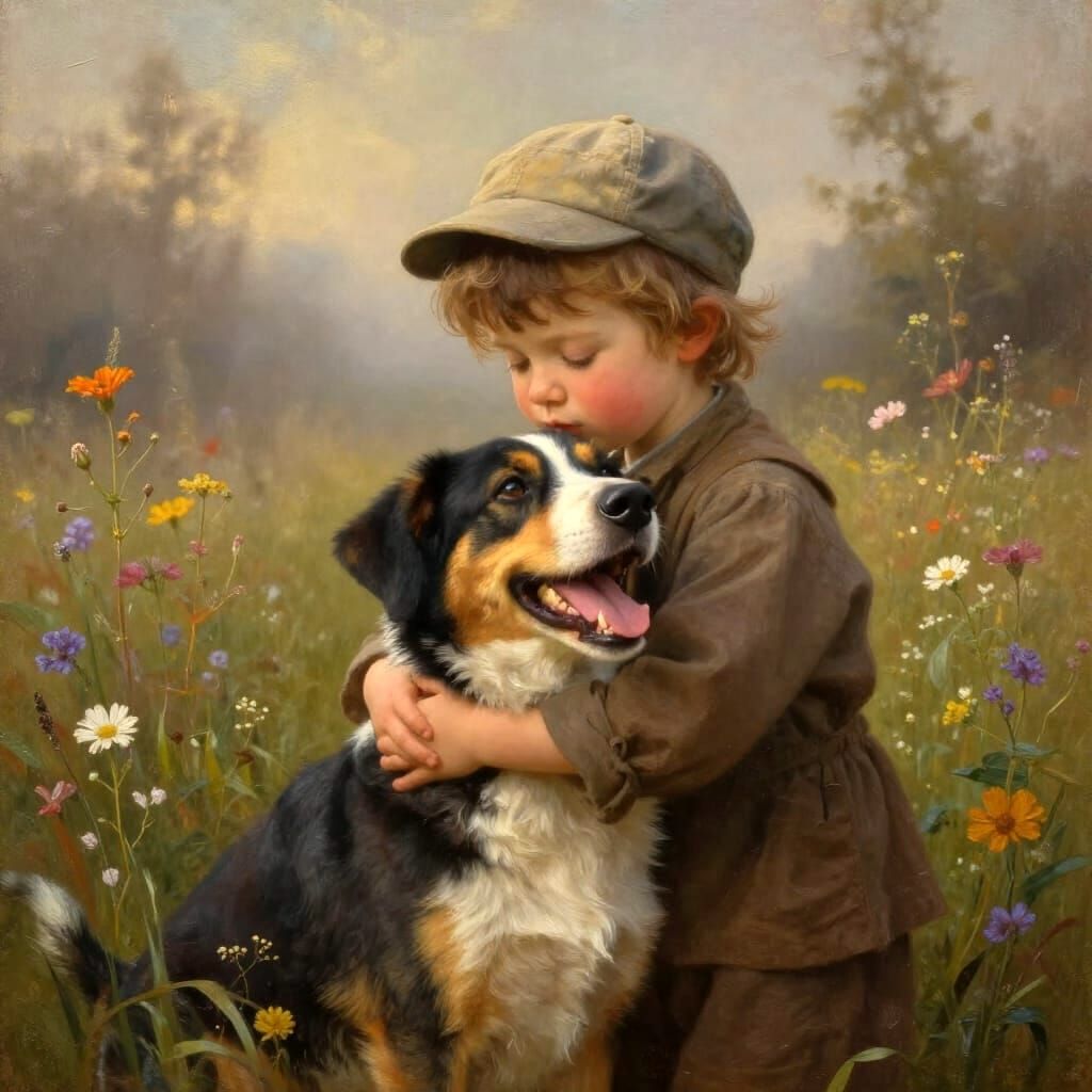 Child Embraces Dog in Wildflower Meadow Oil Painting